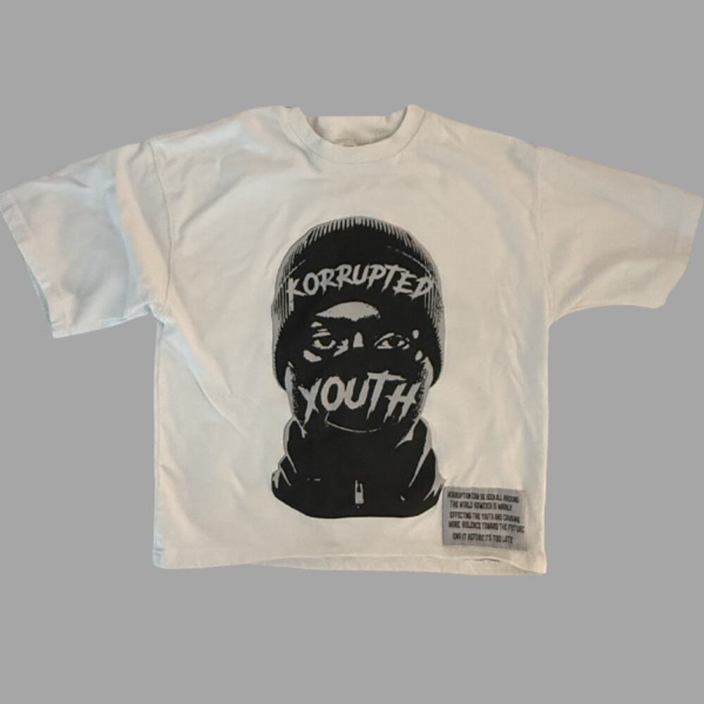 Korrupted Youth White Graphic Tee Ski Mask Streetwear Boxy Crop Size M